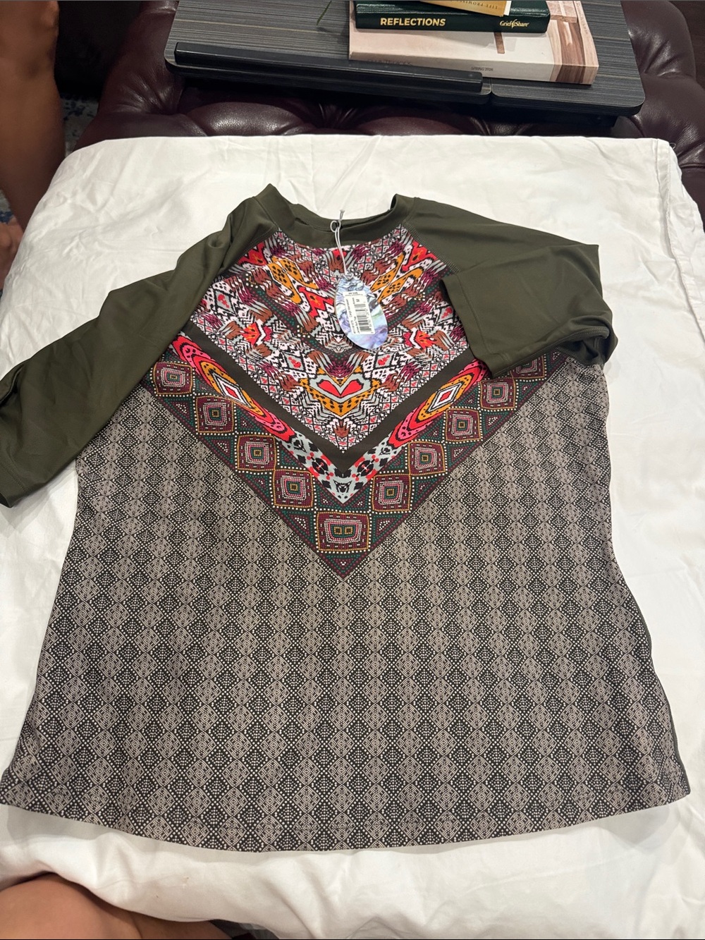 Prana Olive Raglan Swim Coverup with Multicolor V-Neck Print